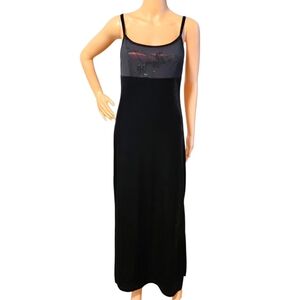 VTG 579 Black Velvet Evening Gown Sz 1 Floral Shimmer Bodice Slit Whimsigoth 90s